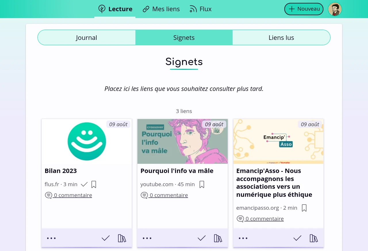 L’écran Lecture de Flus affiche trois onglets : Journal, Signets et Liens lus.